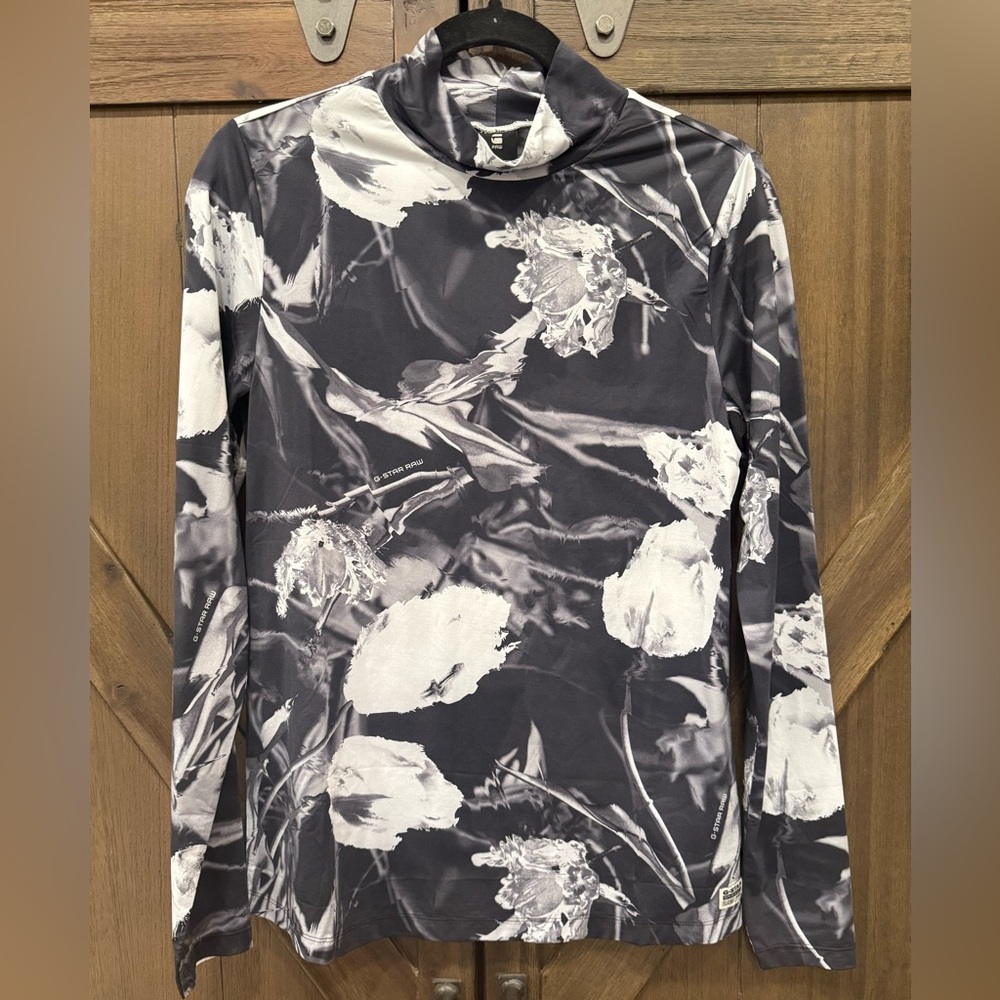 G-Star Printed Mock Black and White Floral Long Sleeve Top